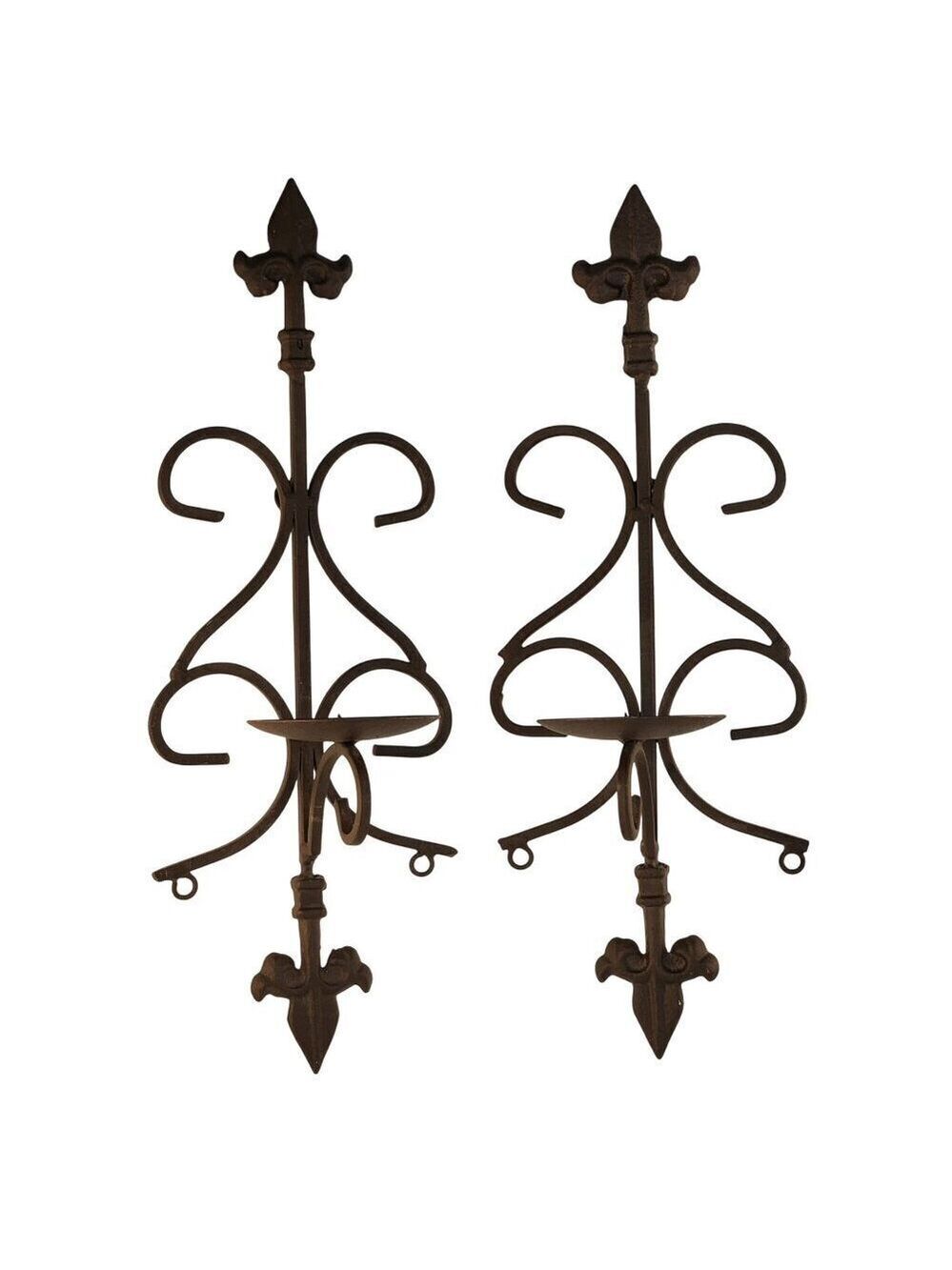 Wrought Iron Fleur-De-Lis Wall Sconces Set Of 2 Candle Holders Decorative Accent